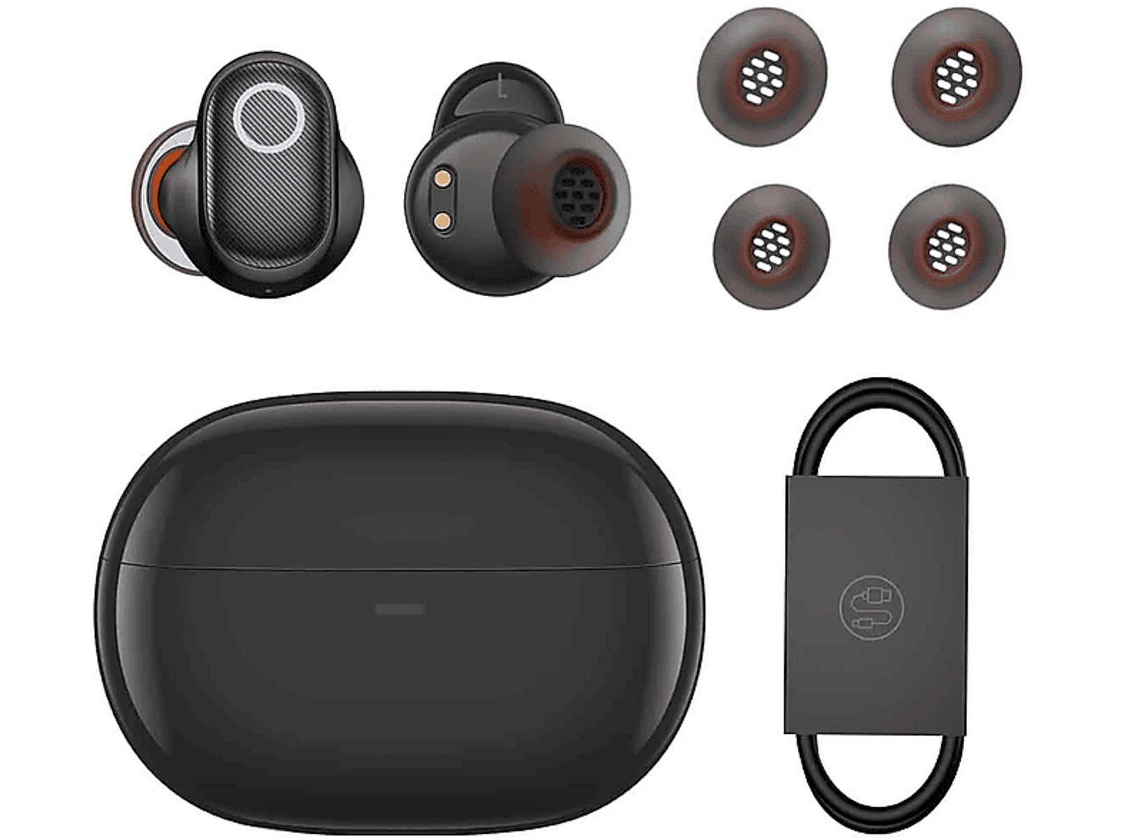 Auricolari, custodia di ricarica e auricolari extra. Auricolari e custodia neri. Un cavo USB nero.