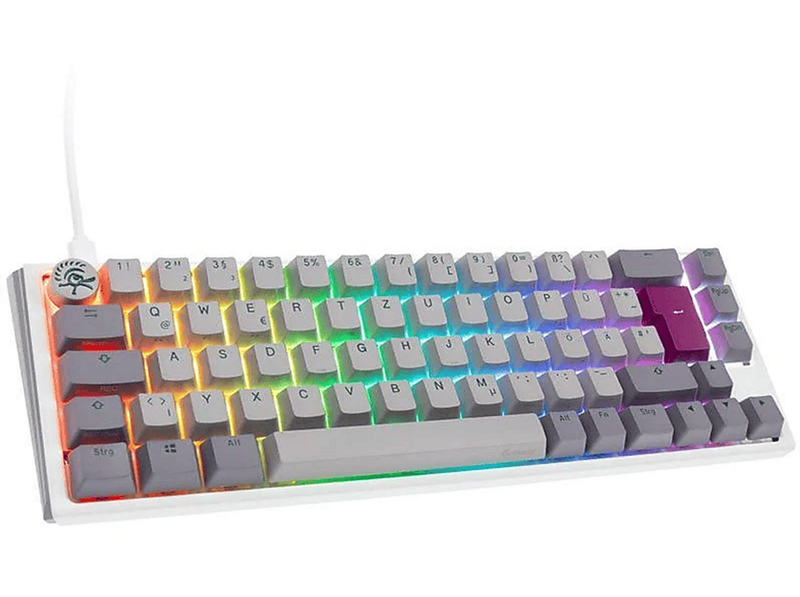 Tastiera bianca con tasti colorati, cavo bianco.