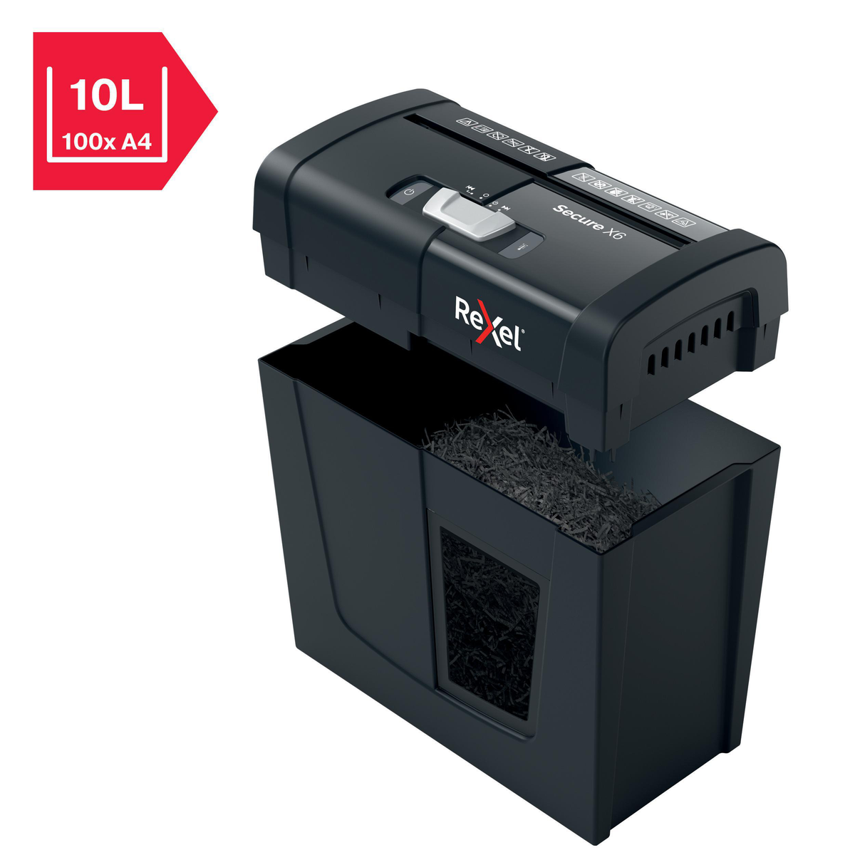 Czarna niszczarka Rexel z otwartym pojemnikiem, niszczy papier, panel sterowania.