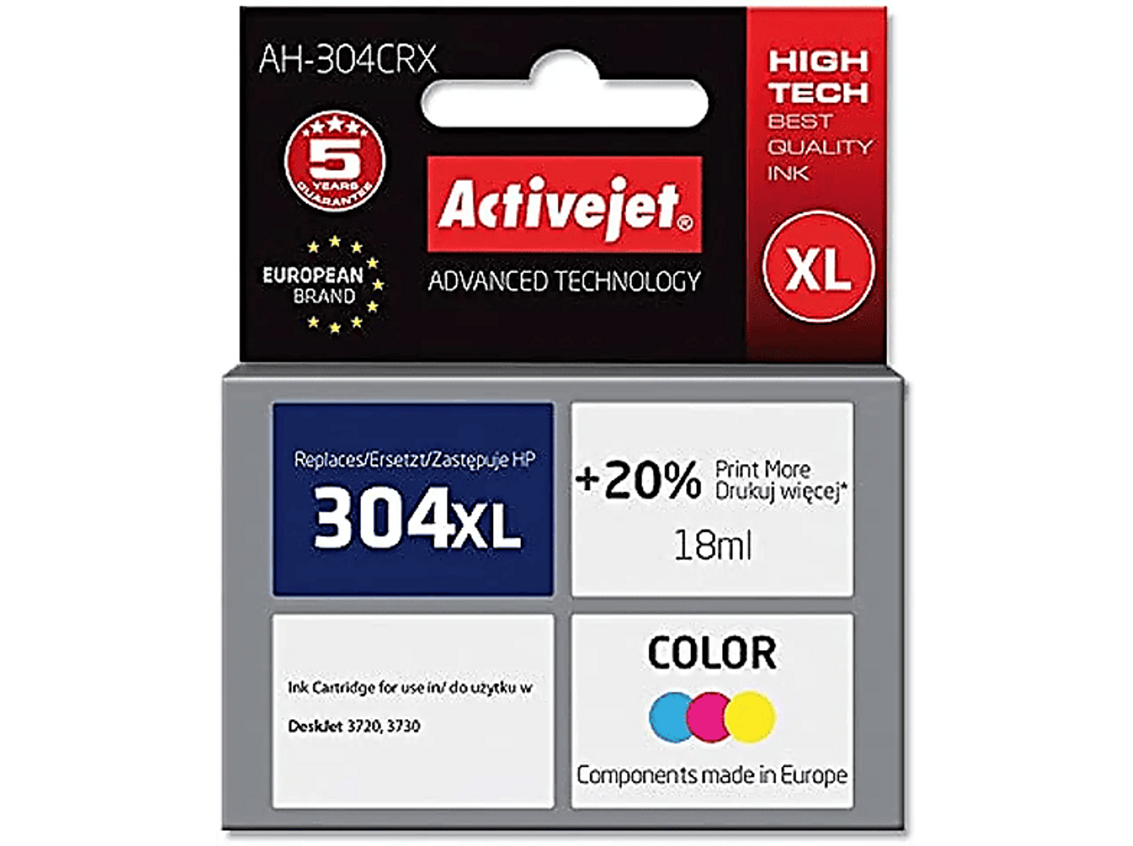 Pudełko z wkładem atramentowym. Zawiera 304XL. Pokazuje Activejet, XL i komponenty koloru.