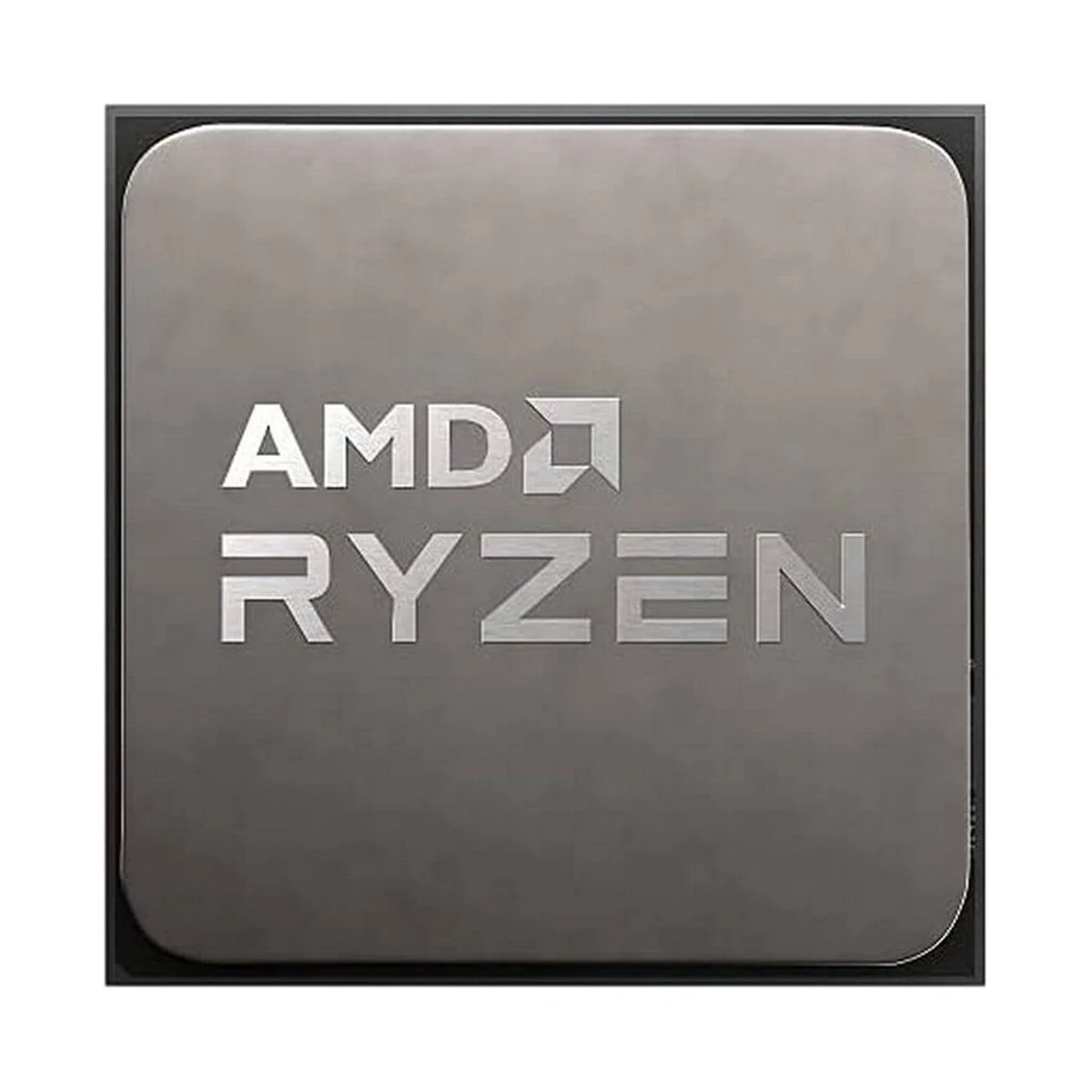 Procesor AMD Ryzen, kwadratowy, z logo AMD i Ryzen. Srebrny kolor, czarna ramka. Białe tło.