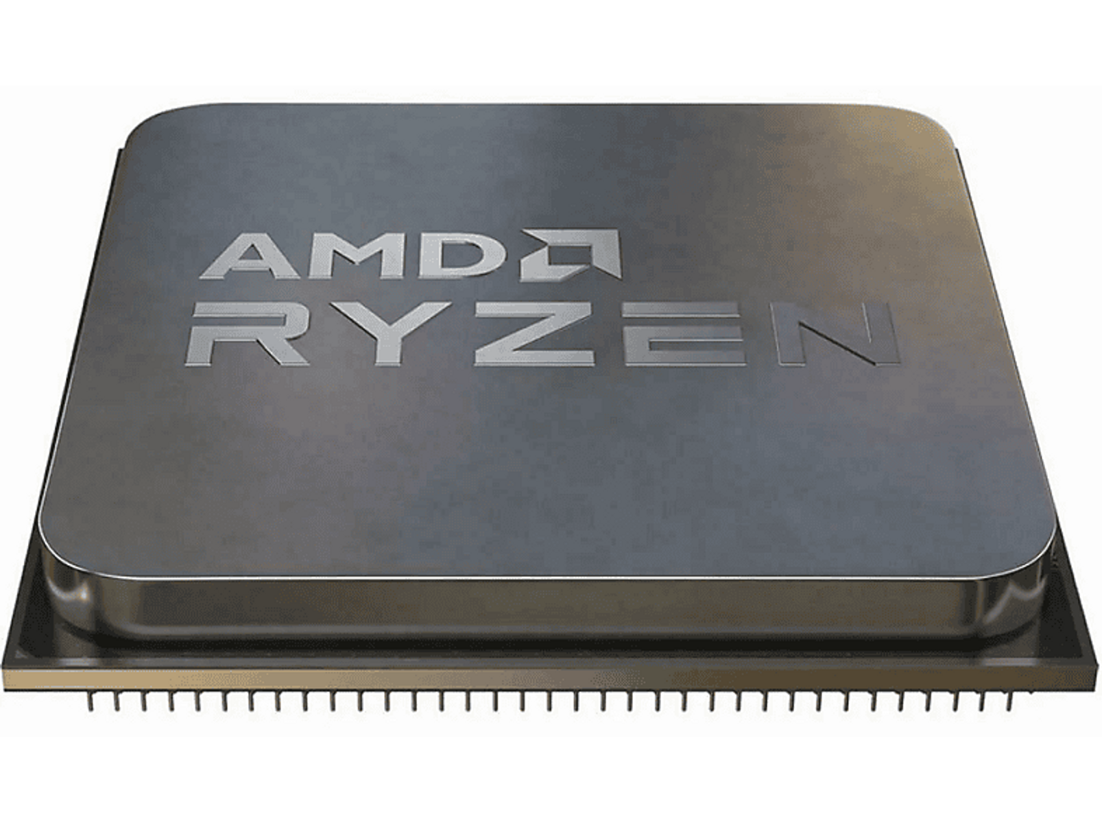 Srebrny procesor AMD Ryzen z logo Ryzen na czarnym tle. Zbliżenie.