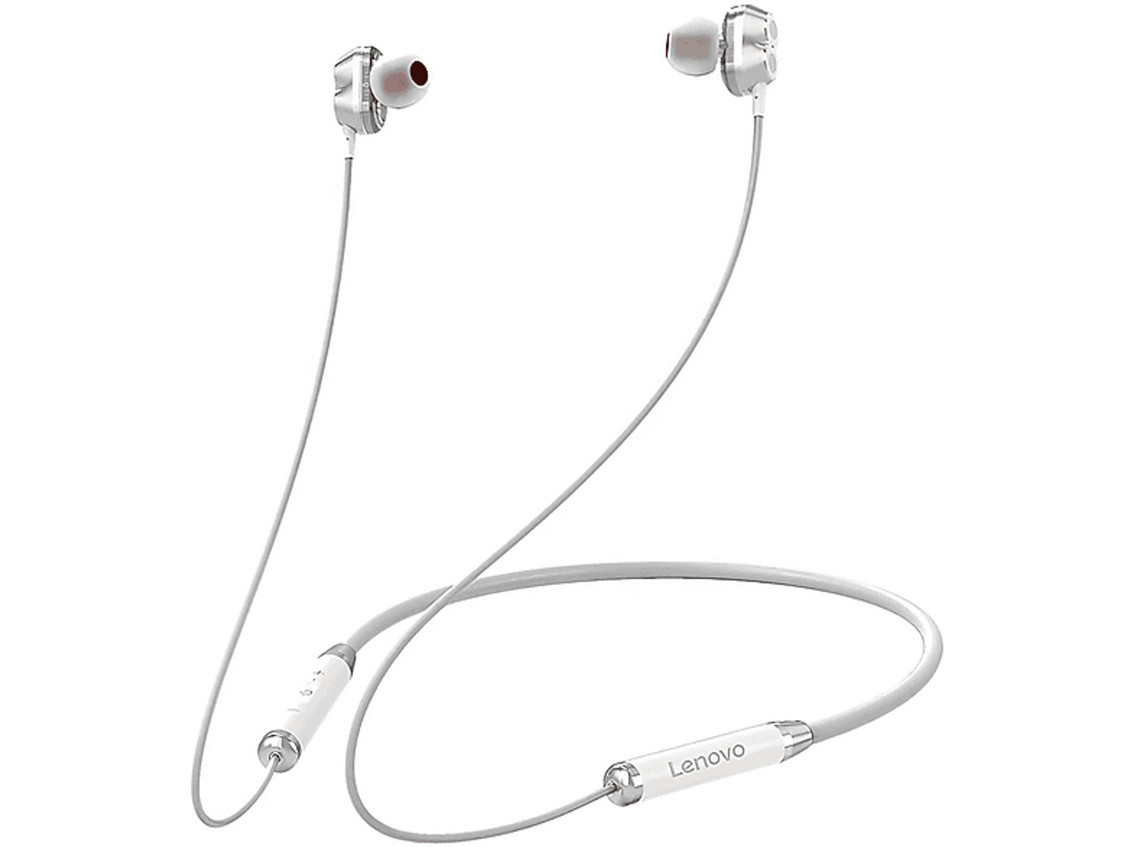 Weiße Lenovo Nackenbügel-Kopfhörer mit silbernen Akzenten. Die Kopfhörer sind durch ein Kabel verbunden.