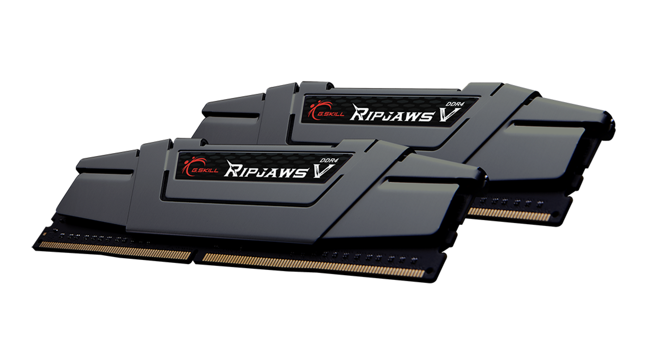 Dwa moduły RAM G.Skill Ripjaws V DDR4. Są szare z czarnymi akcentami.
