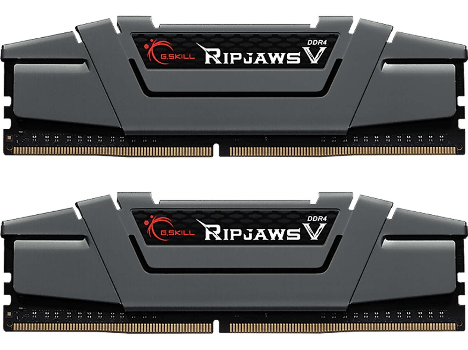 Dwa czarne moduły RAM z logo G.SKILL Ripjaws V na czarnym tle.