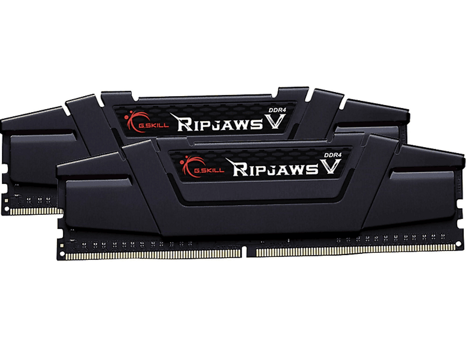 Dwa czarne moduły RAM G.Skill Ripjaws V DDR4. Czarne radiatory, czarne tło.