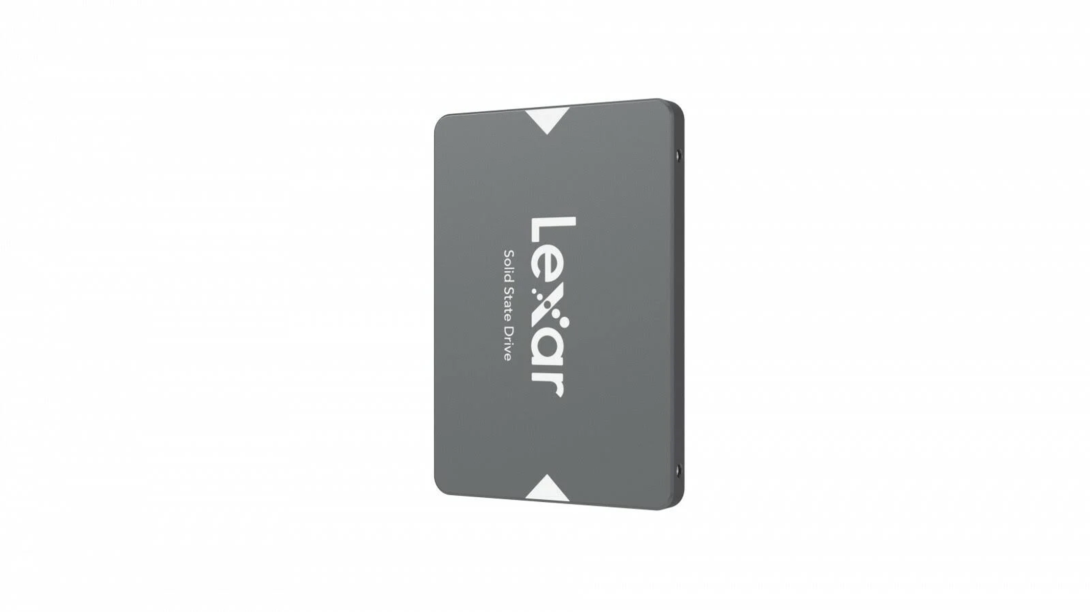 Graue Lexar SSD-Festplatte. Lexar-Logo in Weiß. Weißer Hintergrund.