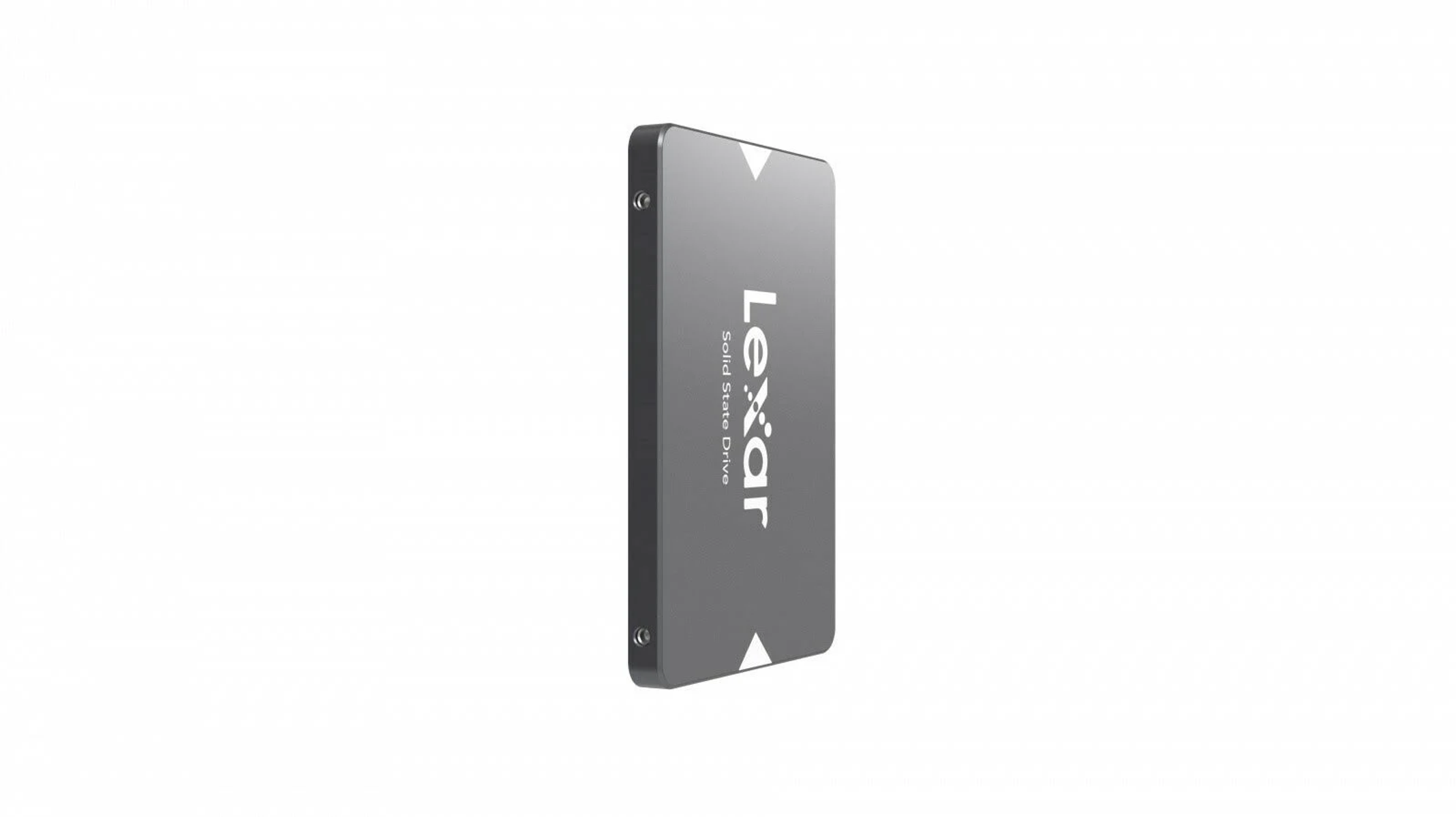 Graue Lexar Solid State Drive, Markenname weiß, isoliert auf weißem Hintergrund.