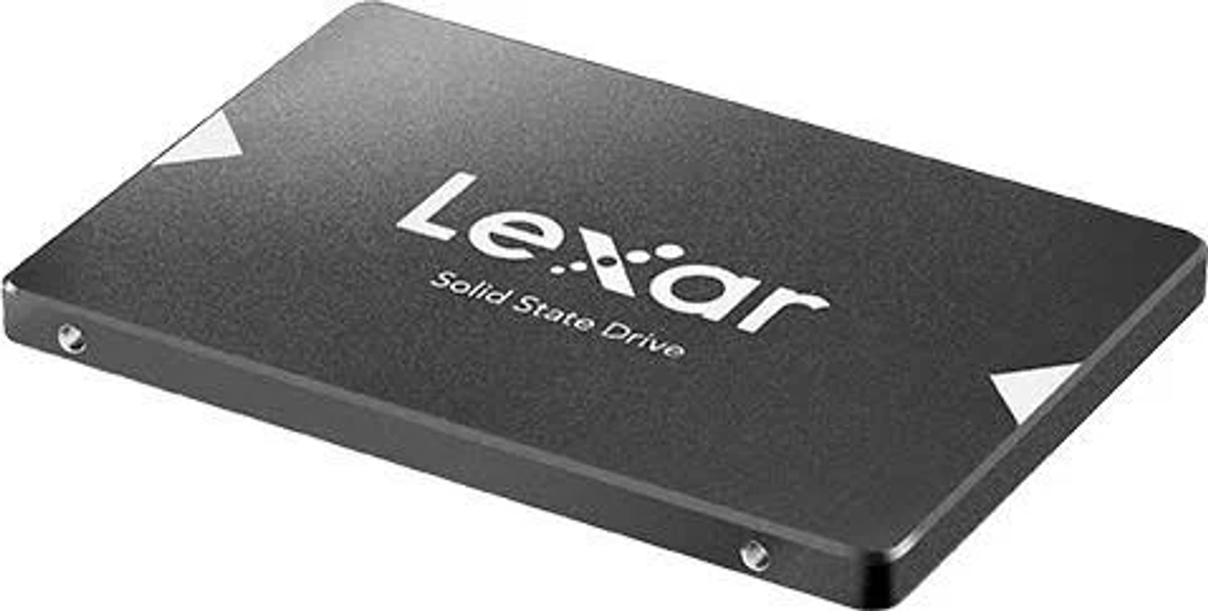 Schwarze Lexar Solid State Drive, rechteckig, mit weißem Text und Dreiecken.