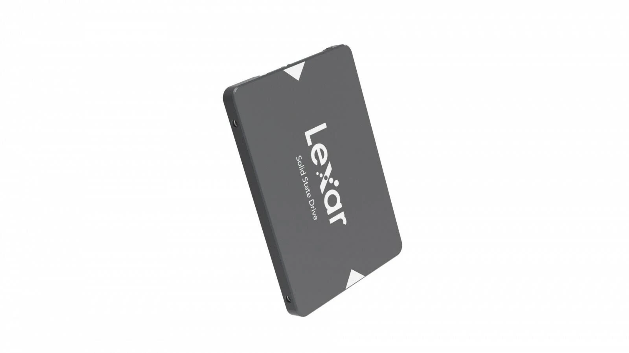 Lexar SSD, grau mit weißen Pfeilen, auf weißem Hintergrund.