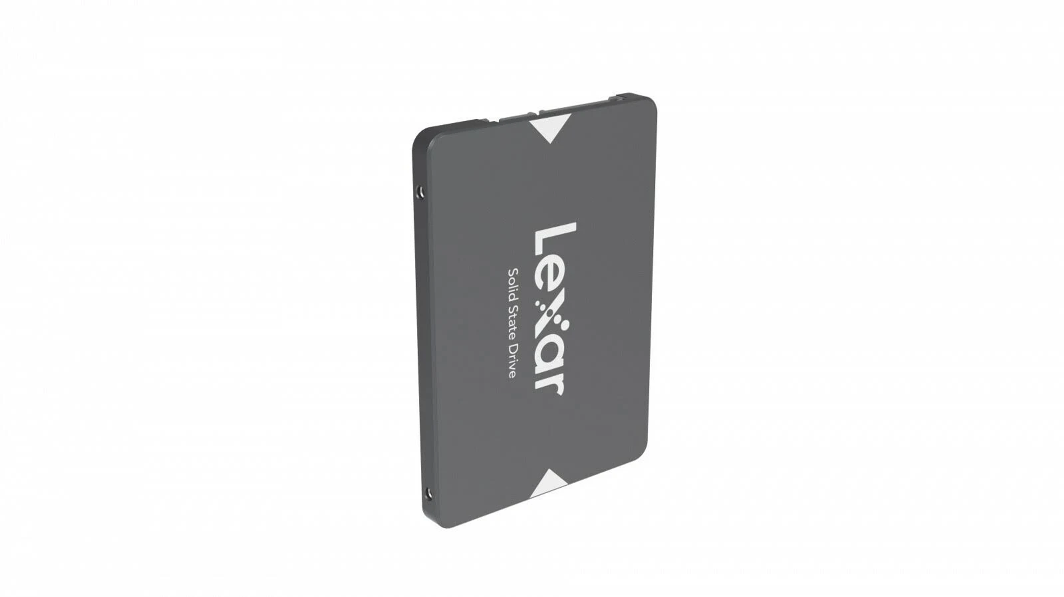 Graue Lexar Solid-State-Festplatte mit weißem Text und Pfeilen, auf weißem Hintergrund.