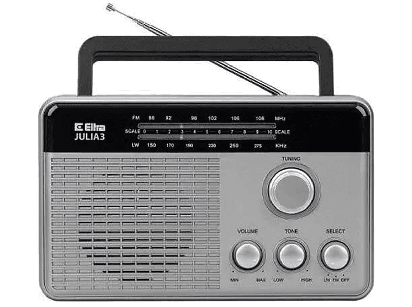 Radio Eltra Julia3 argentata. Maniglia nera, manopola e controlli volume. Antenna in alto.
