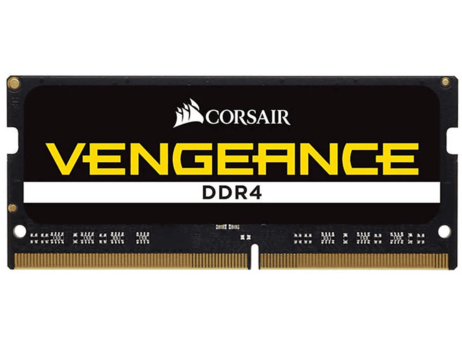 Czarny moduł RAM z białym i żółtym tekstem: Corsair Vengeance DDR4. Złote złącza.