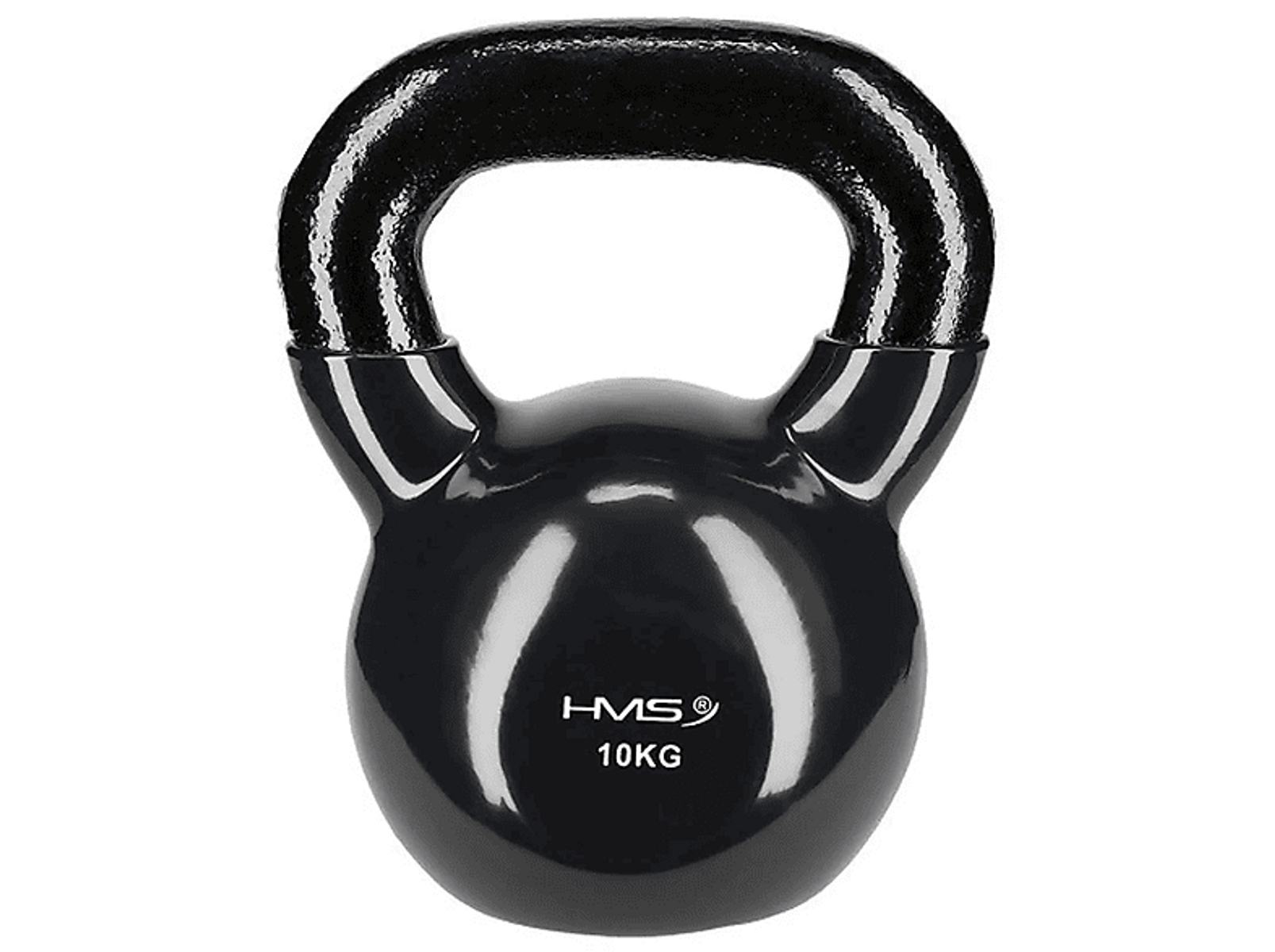 Kettlebell nero da 10 kg con manico nero. Sfondo bianco.