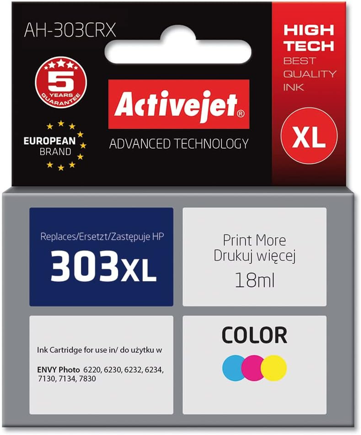 Pudełko z wkładem atramentowym Activejet 303XL. Pudełko przedstawia kolory cyjan, magenta i żółty.