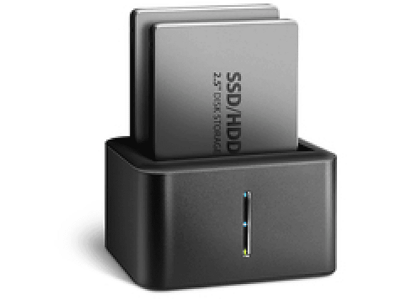 Schwarzes Gerät mit zwei SSD/HDD-Laufwerken in einem Dock. Weißer Hintergrund.