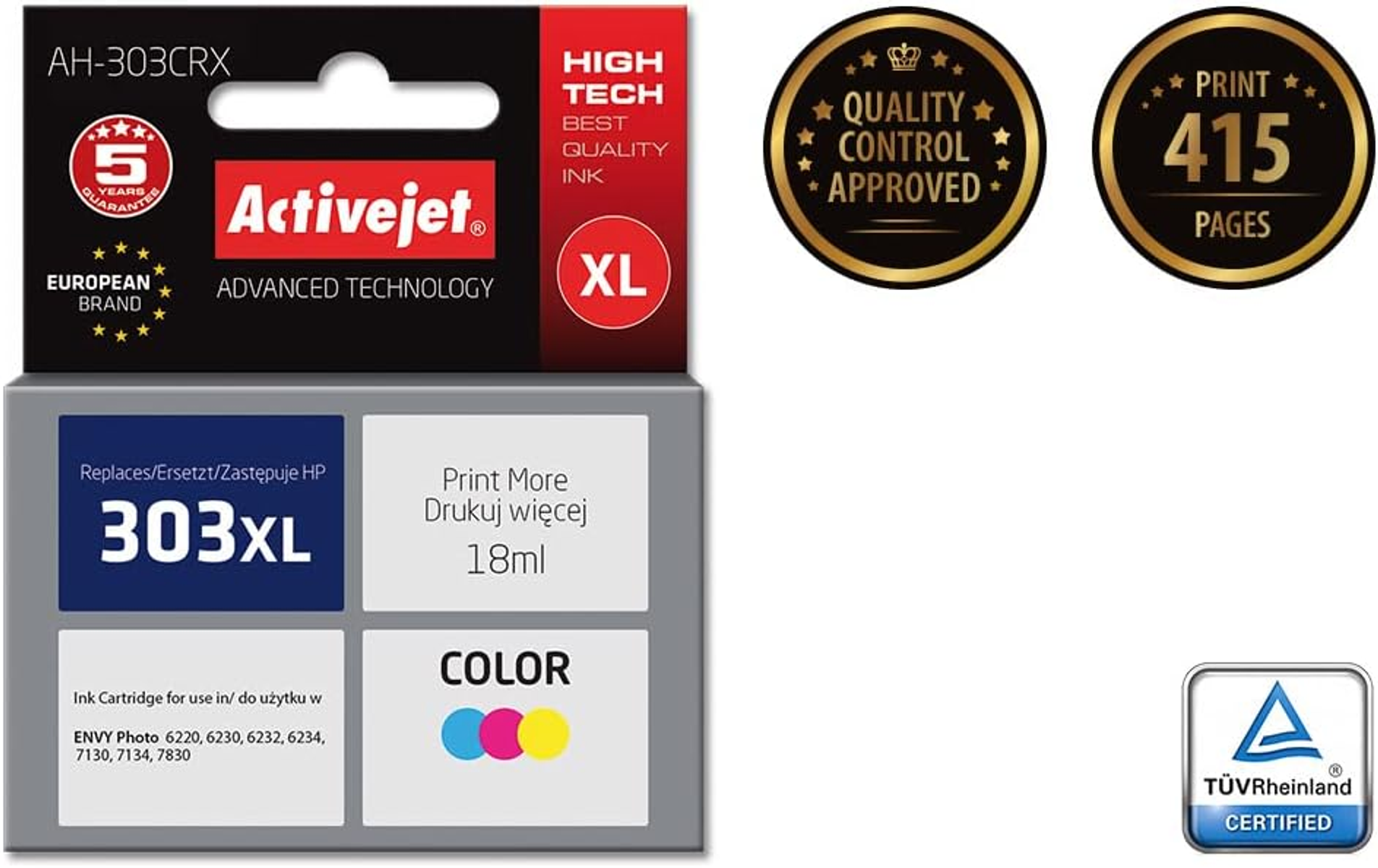 Pudełko z wkładami atramentowymi Activejet 303XL z kolorami tuszu i logo. Pudełko jest białe i kolorowe.