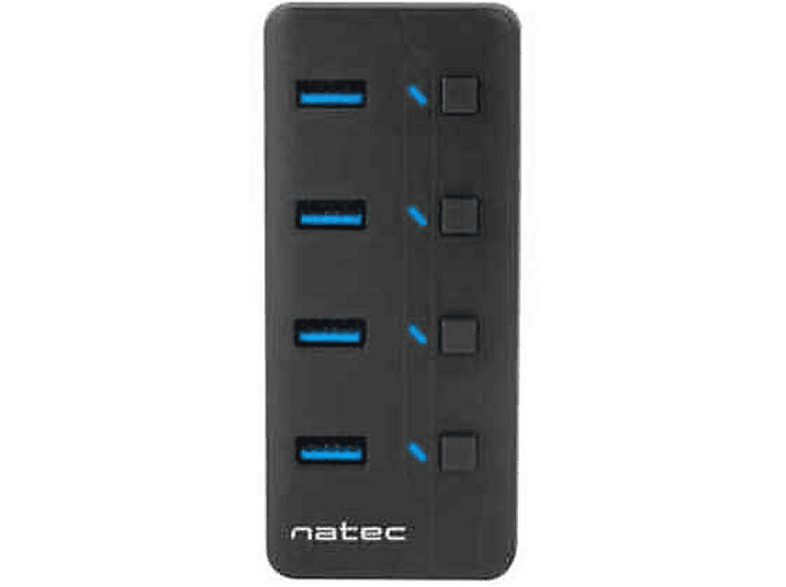 Ein schwarzer USB-Hub mit vier blauen USB-Anschlüssen und vier quadratischen Tasten. Das Wort 'natec'.