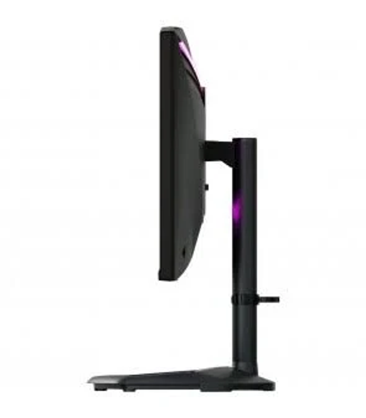 Een zwarte monitor op een standaard, zijaanzicht. De rand van het scherm heeft roze verlichting.