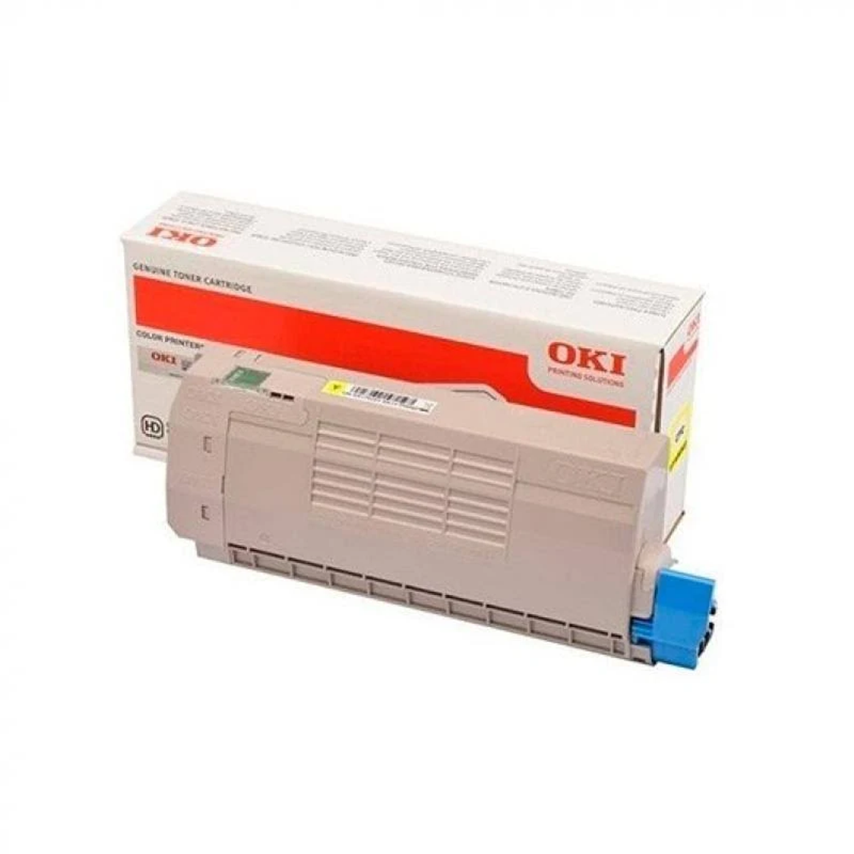 OKI tonercartridge en doos. Grijze cartridge. Witte doos met rode accenten.