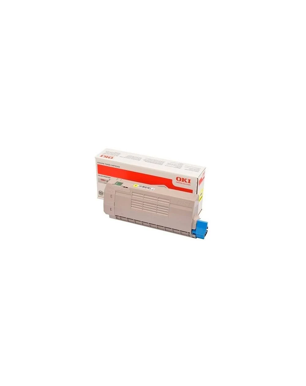 Een printertonercartridge en de doos, beide wit en grijs. De doos heeft het OKI-logo.