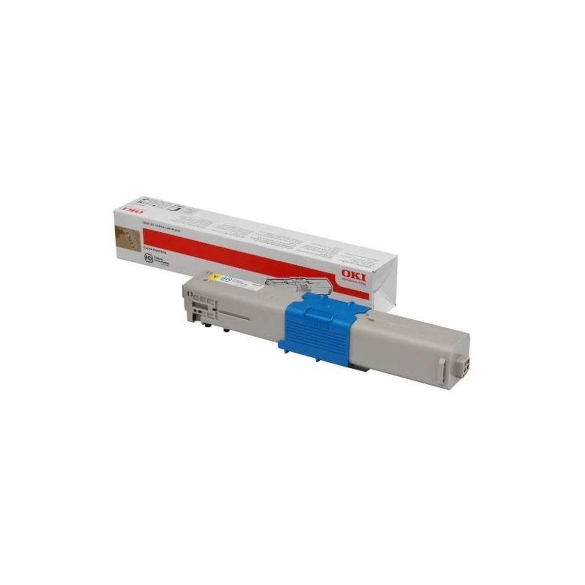 Een OKI tonercartridge en doos. De cartridge is grijs en blauw, de doos wit met rode accenten.