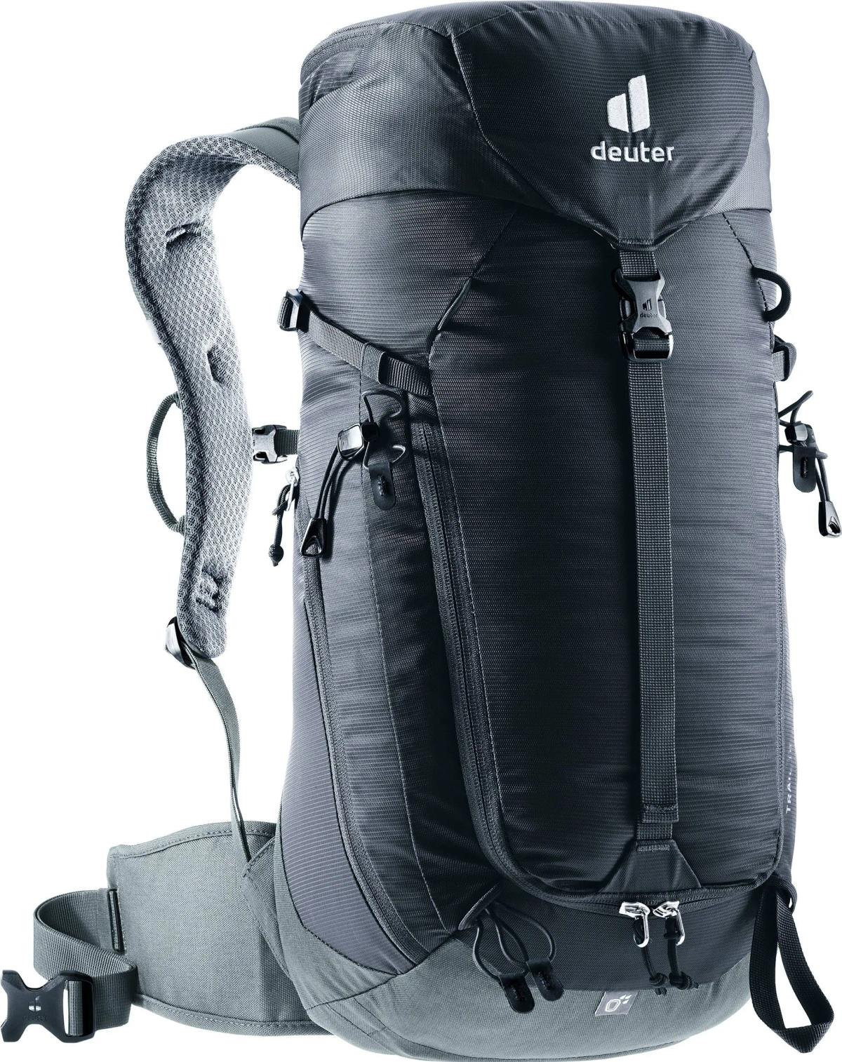 Ein grauer und schwarzer Deuter-Rucksack mit mehreren Gurten und Fächern.