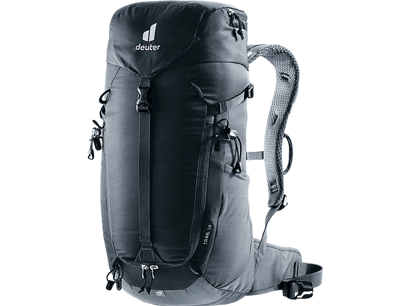 Dunkelgrauer Deuter Trail 18 Rucksack. Er hat Gurte, Taschen und das Deuter-Logo.