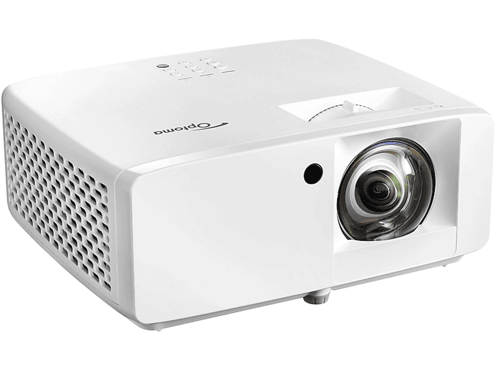 Biały projektor Optoma. Posiada obiektyw, otwory wentylacyjne i przyciski.