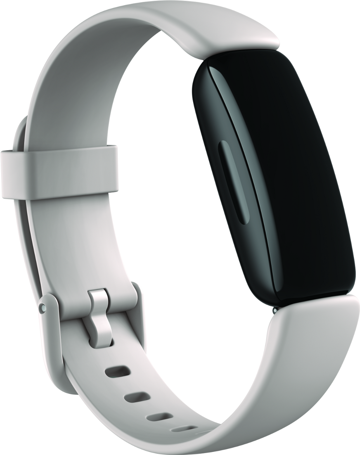 Ein hellgrauer Fitness-Tracker mit schwarzem Bildschirm und weißem Armband.
