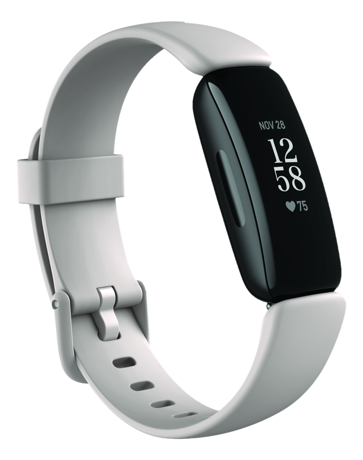 Graue Fitbit Inspire 3 Smartwatch. Das Display zeigt Zeit und Herzfrequenz.