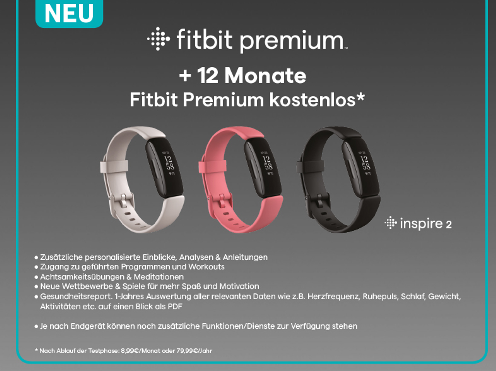 Werbebild von drei Fitbit Inspire 2 Fitness-Trackern. Text und Details zum Produkt sind enthalten.