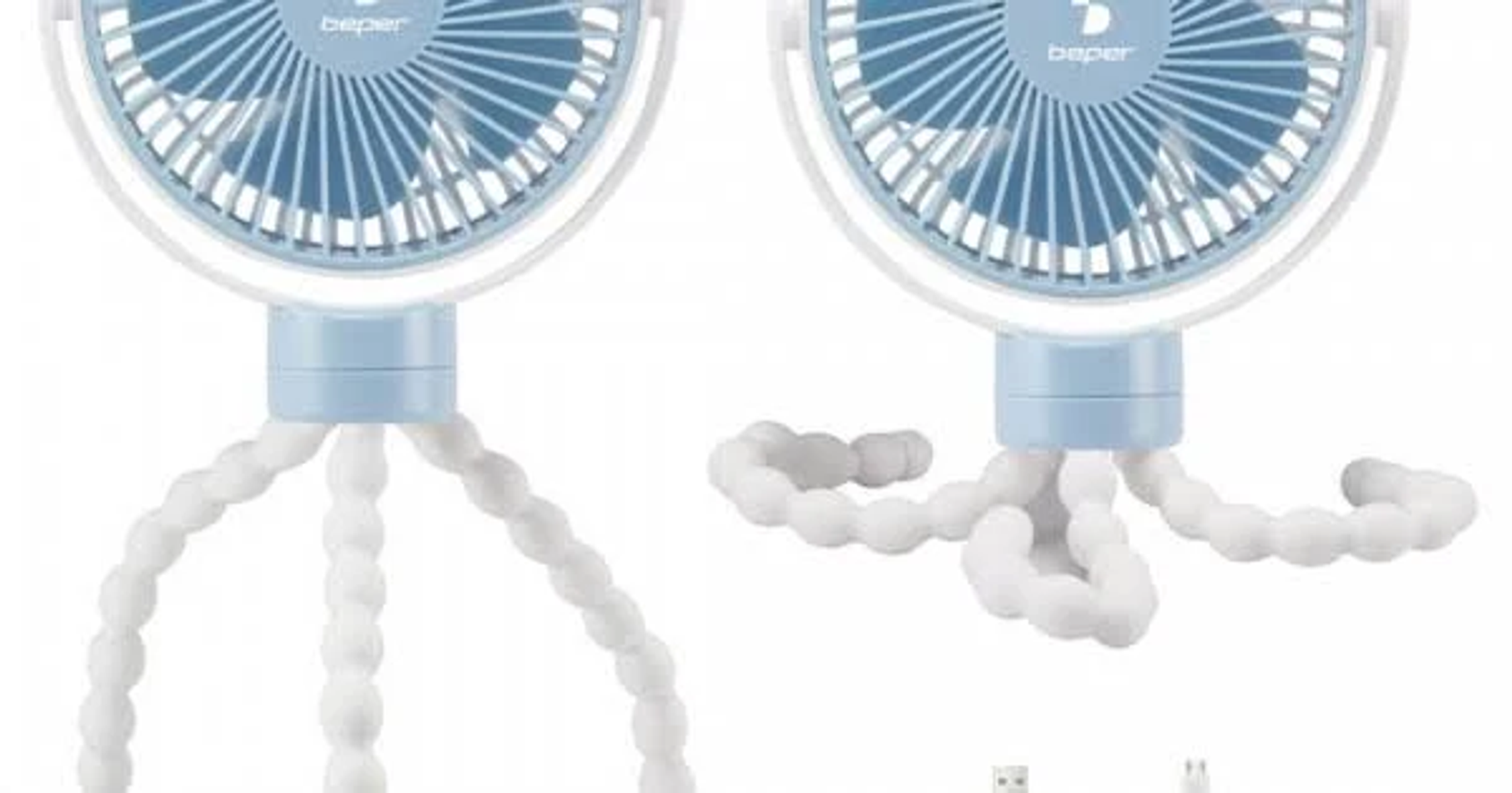 Due piccoli ventilatori blu e bianchi con gambe flessibili, su una superficie bianca.