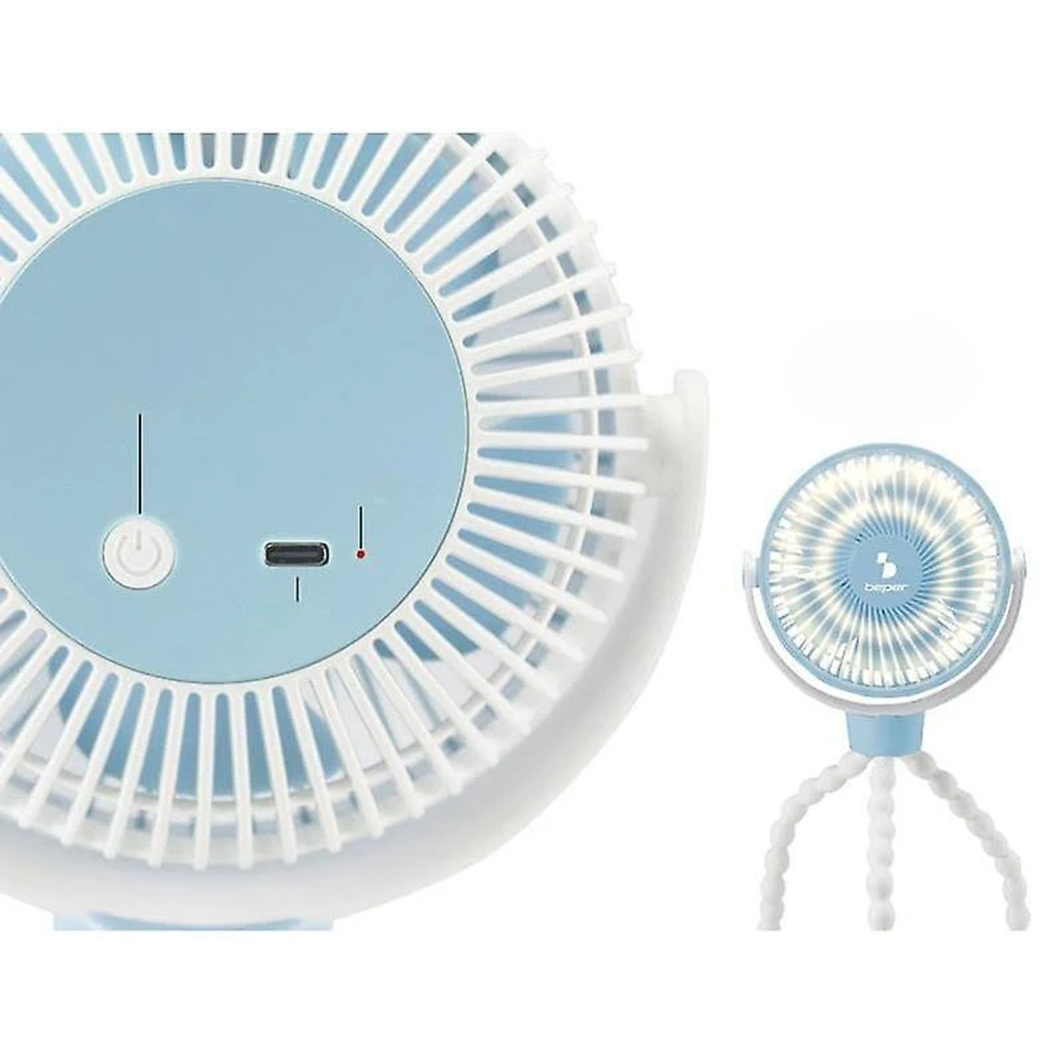 Piccolo ventilatore portatile, design blu e bianco, su un treppiede. Un pulsante e porta USB.