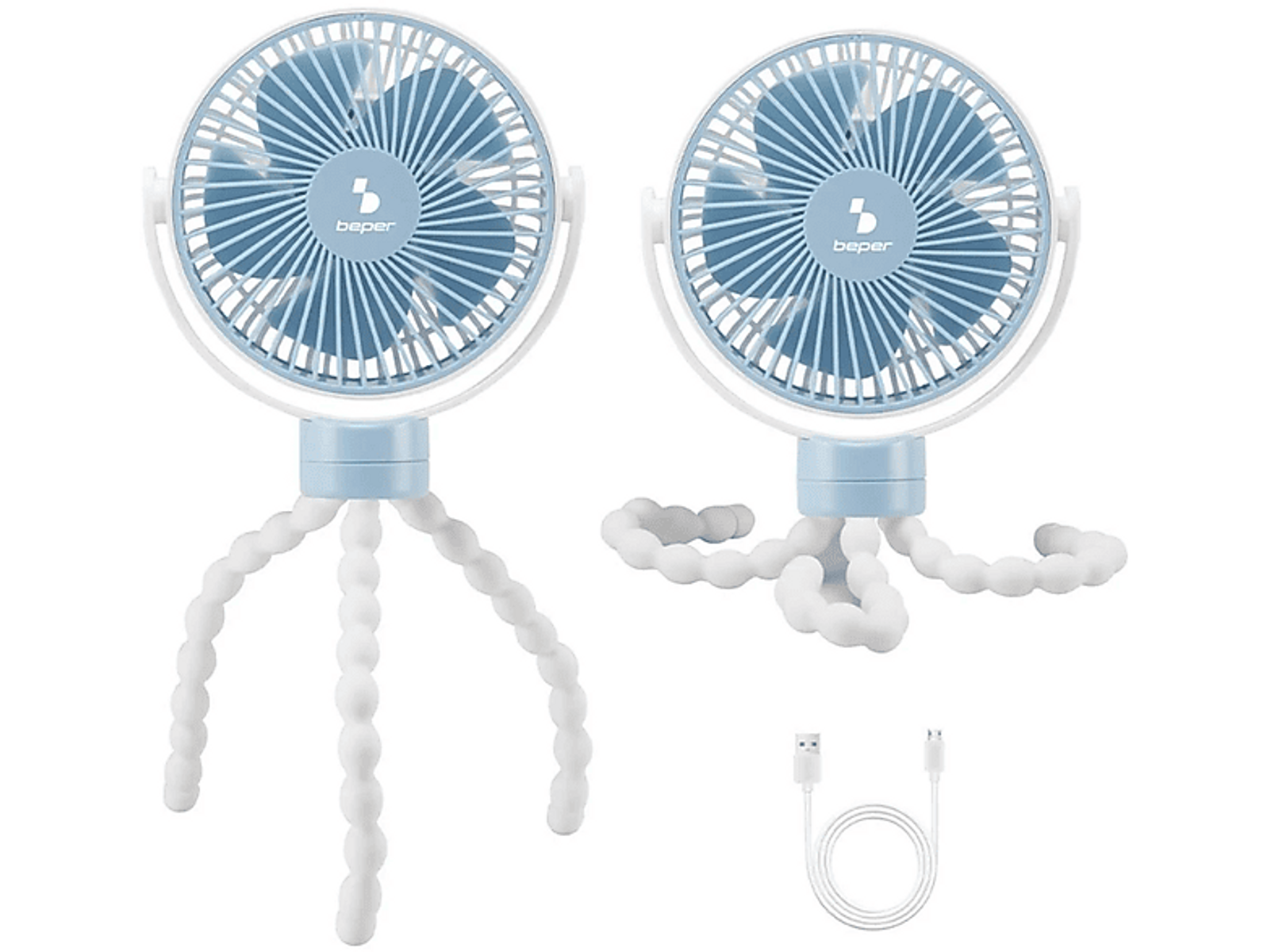 Due ventole blu con supporti bianchi e gambe pieghevoli su sfondo nero.