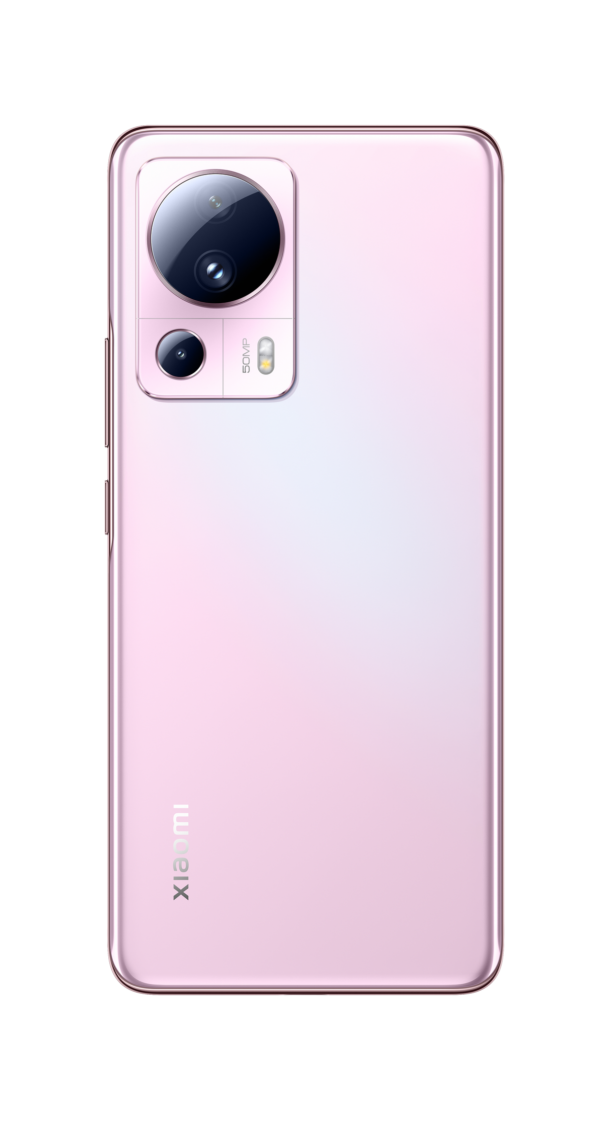 Rückseite eines pinkfarbenen Xiaomi-Telefons. Kamera oben, Xiaomi-Logo unten.