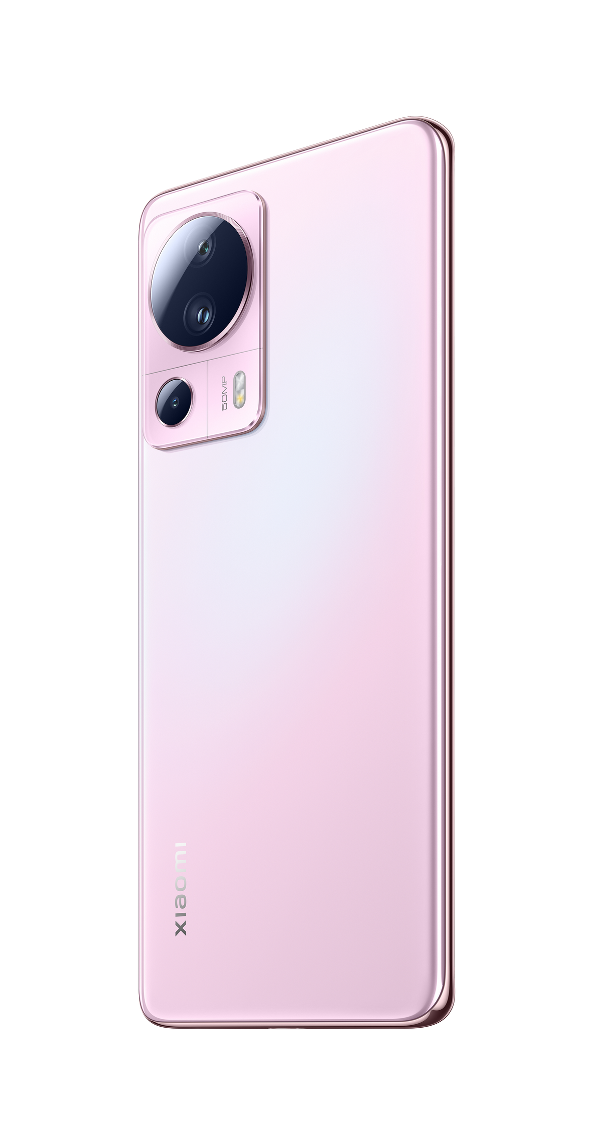 Rückseite eines rosa Xiaomi-Telefons. Es hat Kameras und einen Farbverlauf.