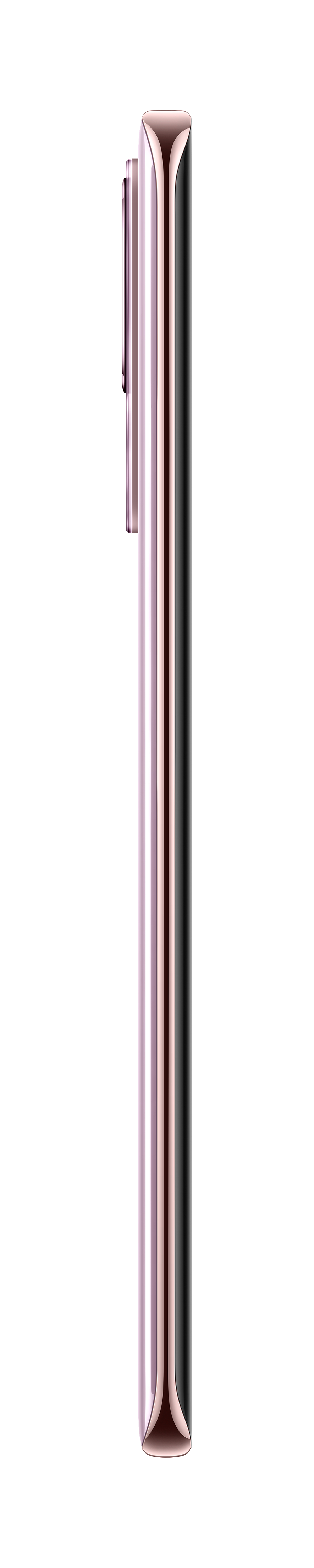Seitenansicht eines roségoldenen Smartphones mit Kamerahöcker und schlankem Profil, vor weißem Hintergrund.