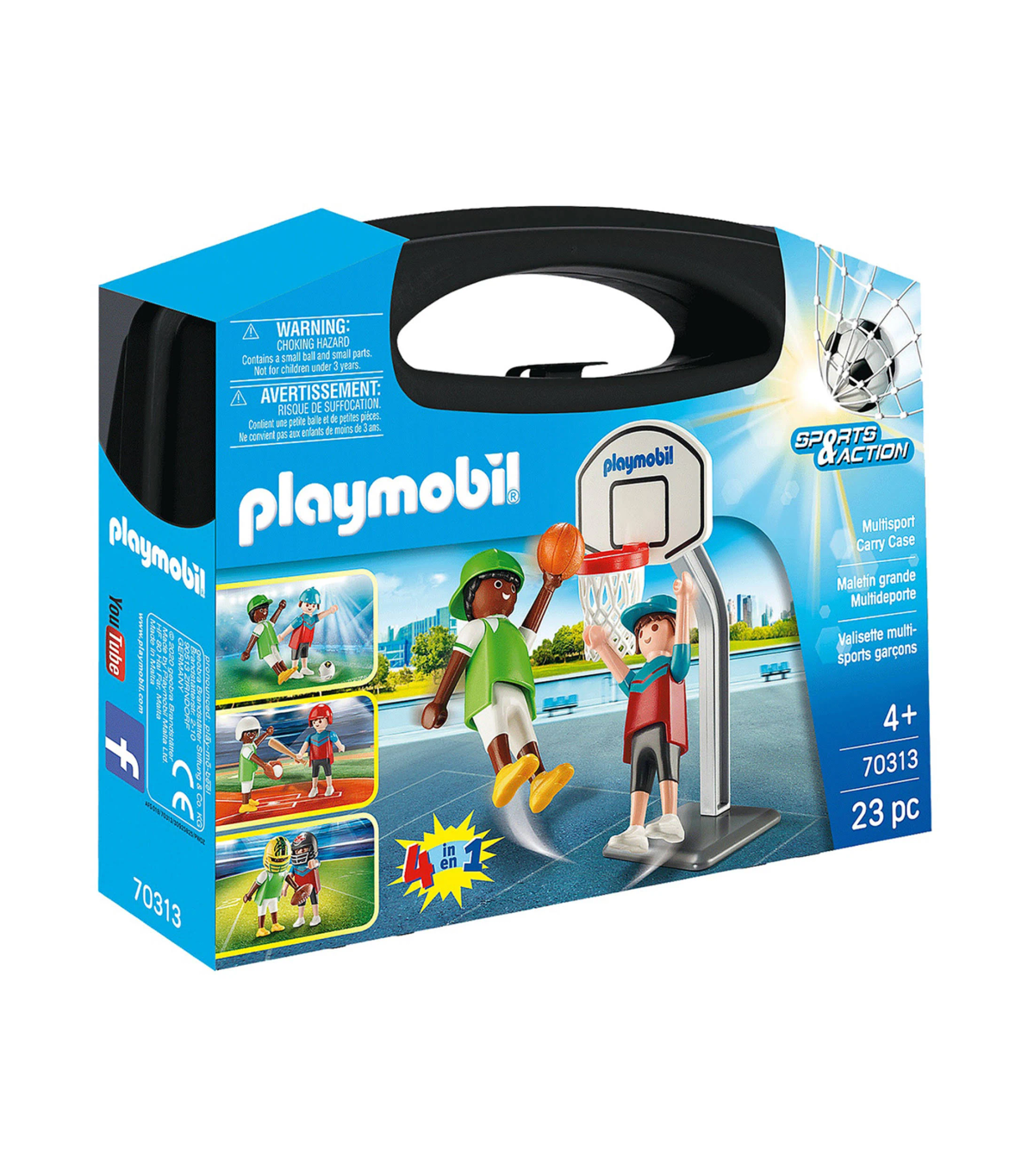 Scatola sport Playmobil. Personaggi giocano a basket. Include rete e custodia.