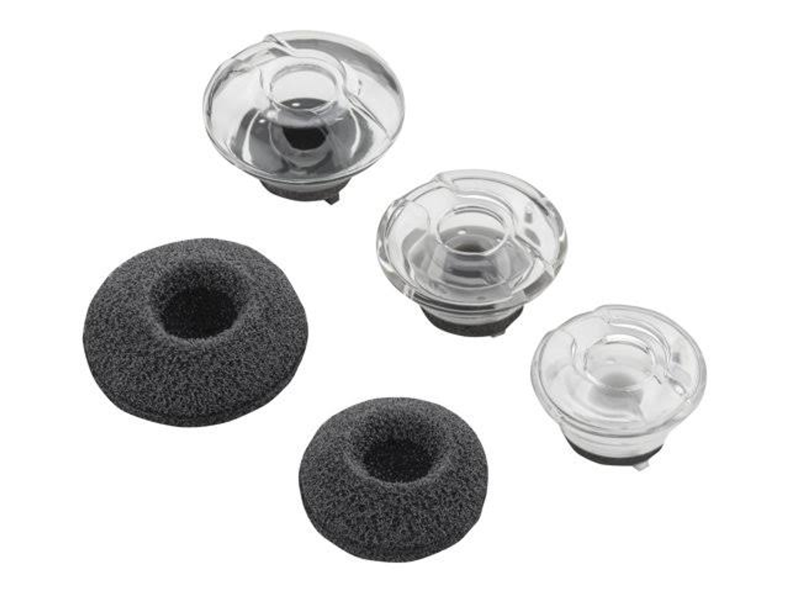 Quattro auricolari trasparenti e due cuscinetti auricolari in schiuma neri.