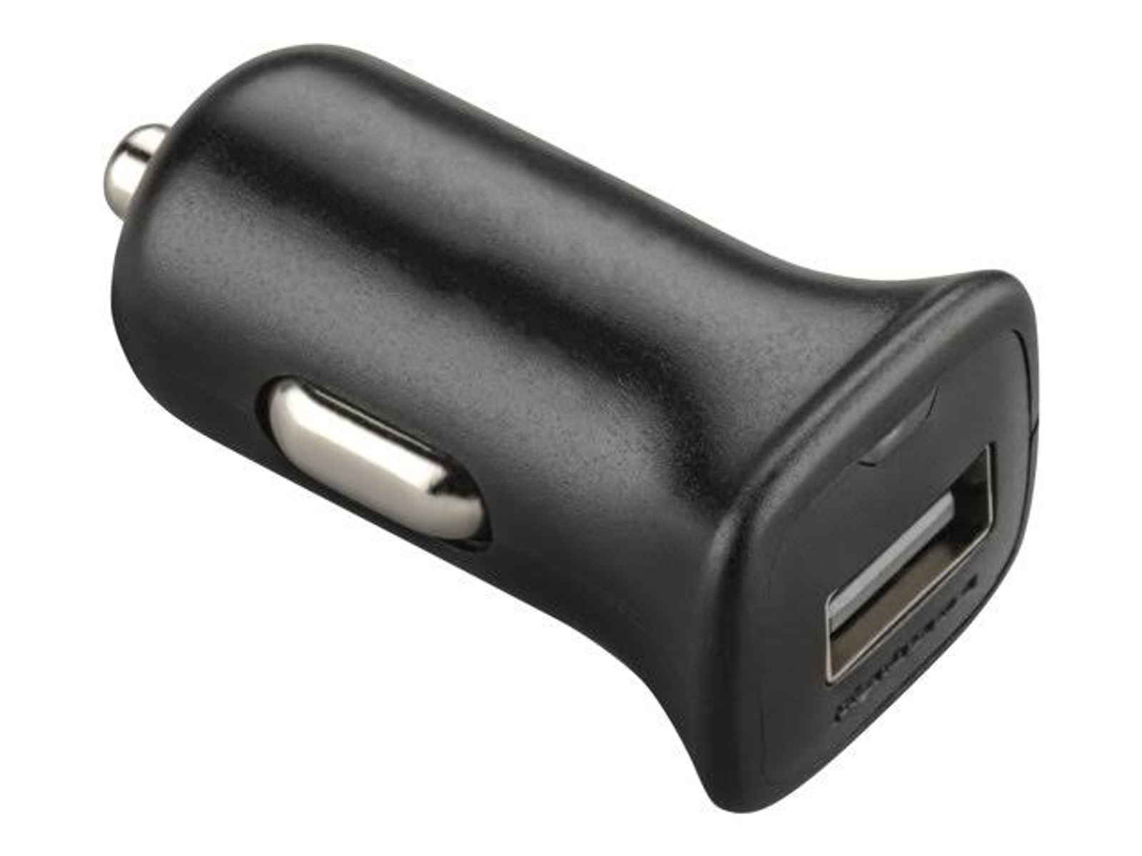 Caricabatterie per auto nero con porta USB.