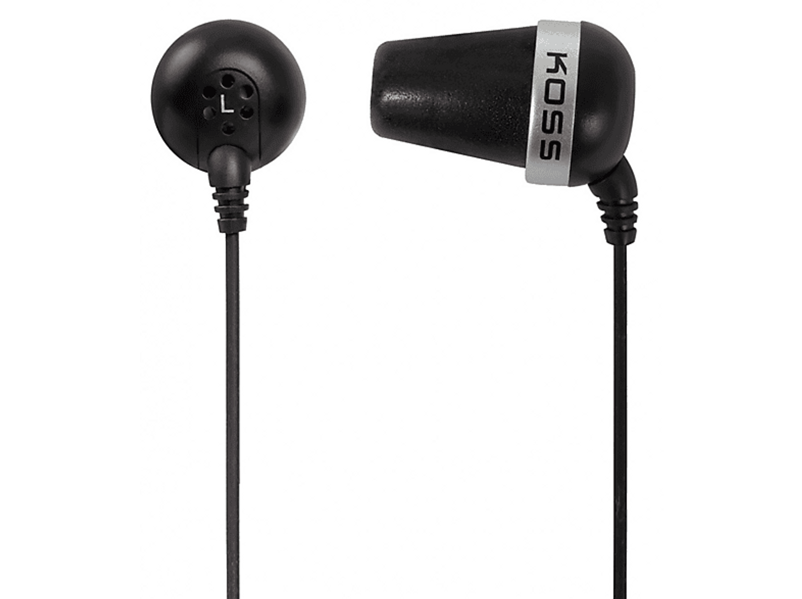 Zwei schwarze In-Ear-Kopfhörer. Einer mit L beschriftet. Schwarze Kabel.