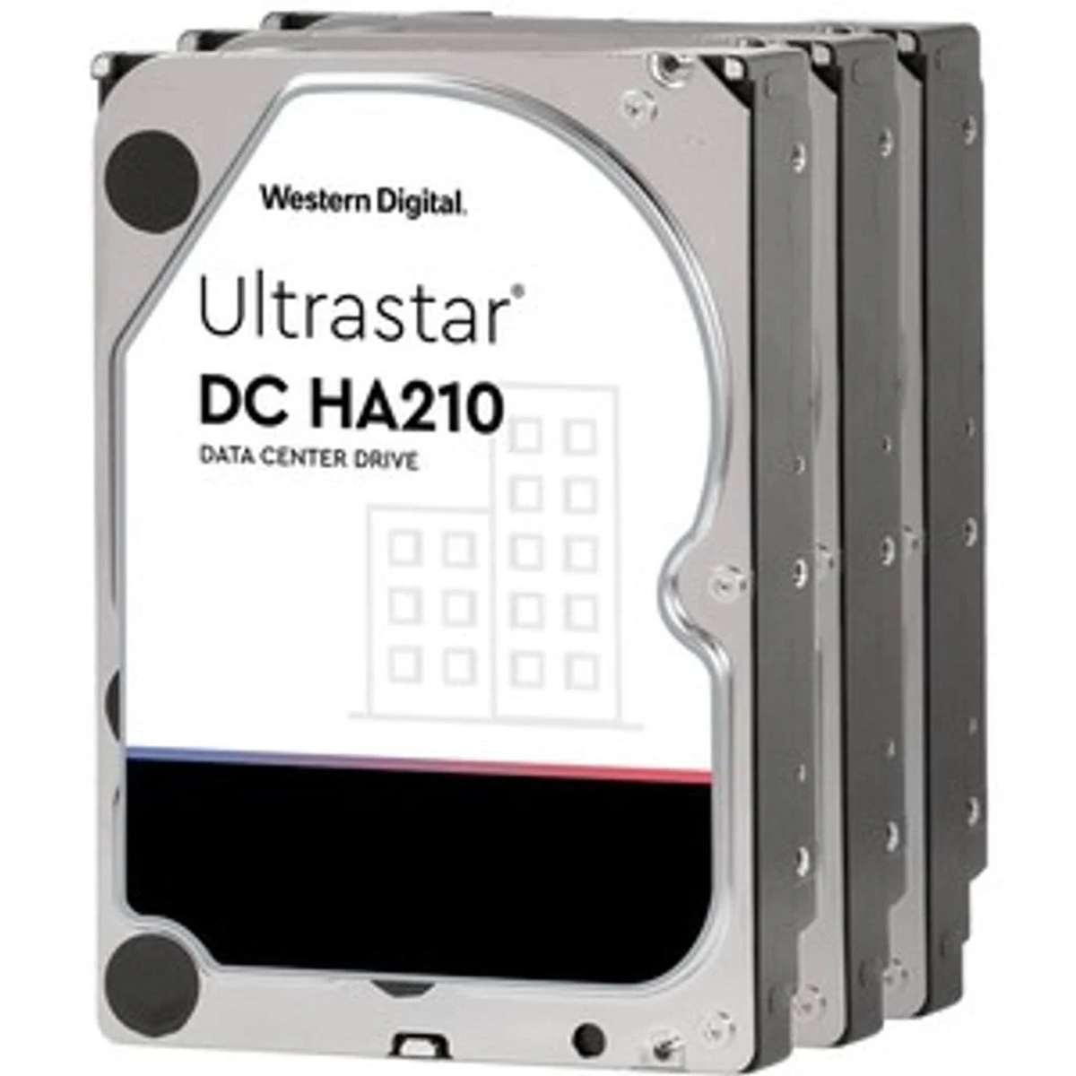 Quattro dischi rigidi argentati impilati con etichette che riportano Western Digital e Ultrastar.