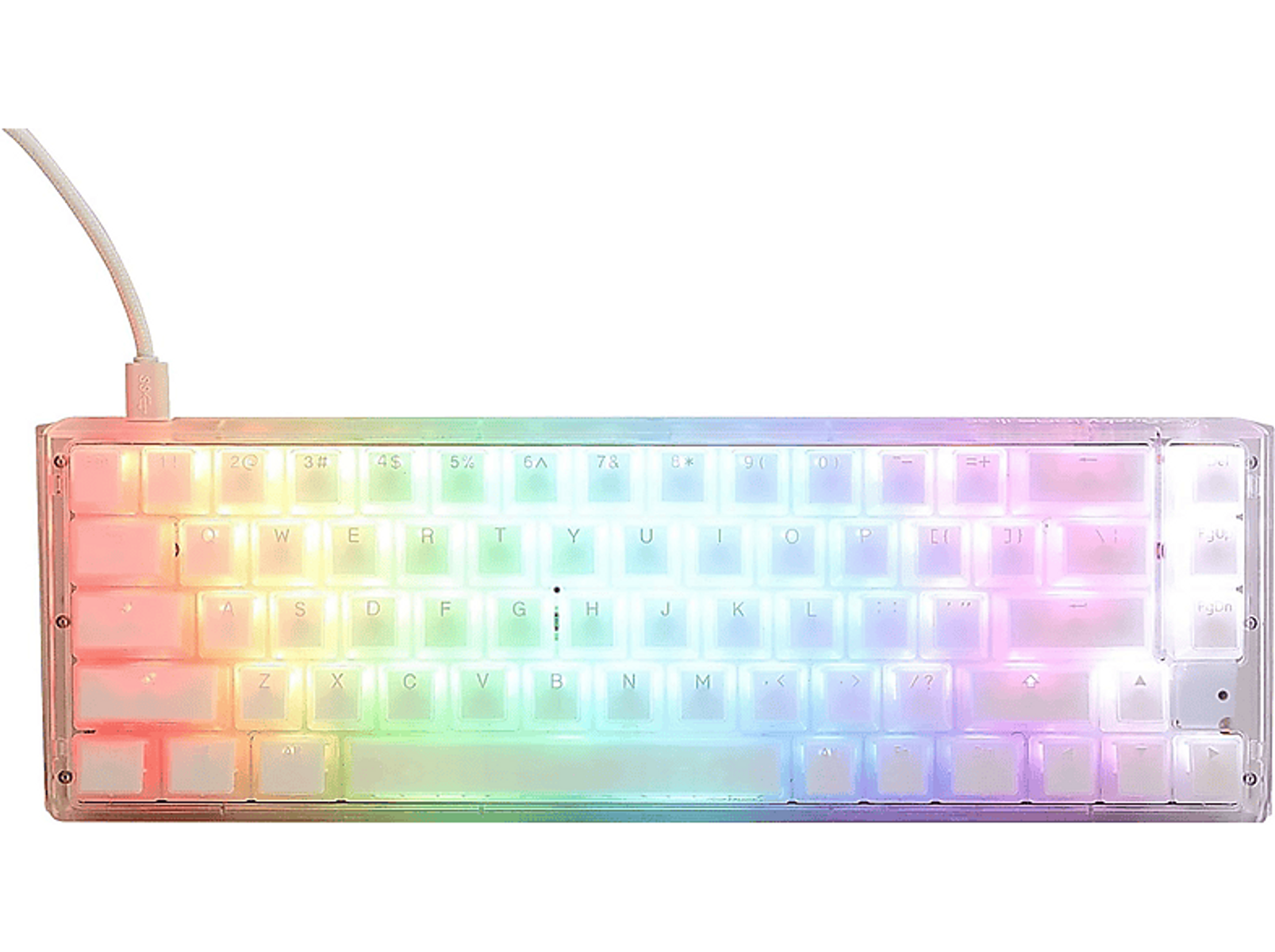 Biała klawiatura z tęczowymi klawiszami. Klawisze są białe.