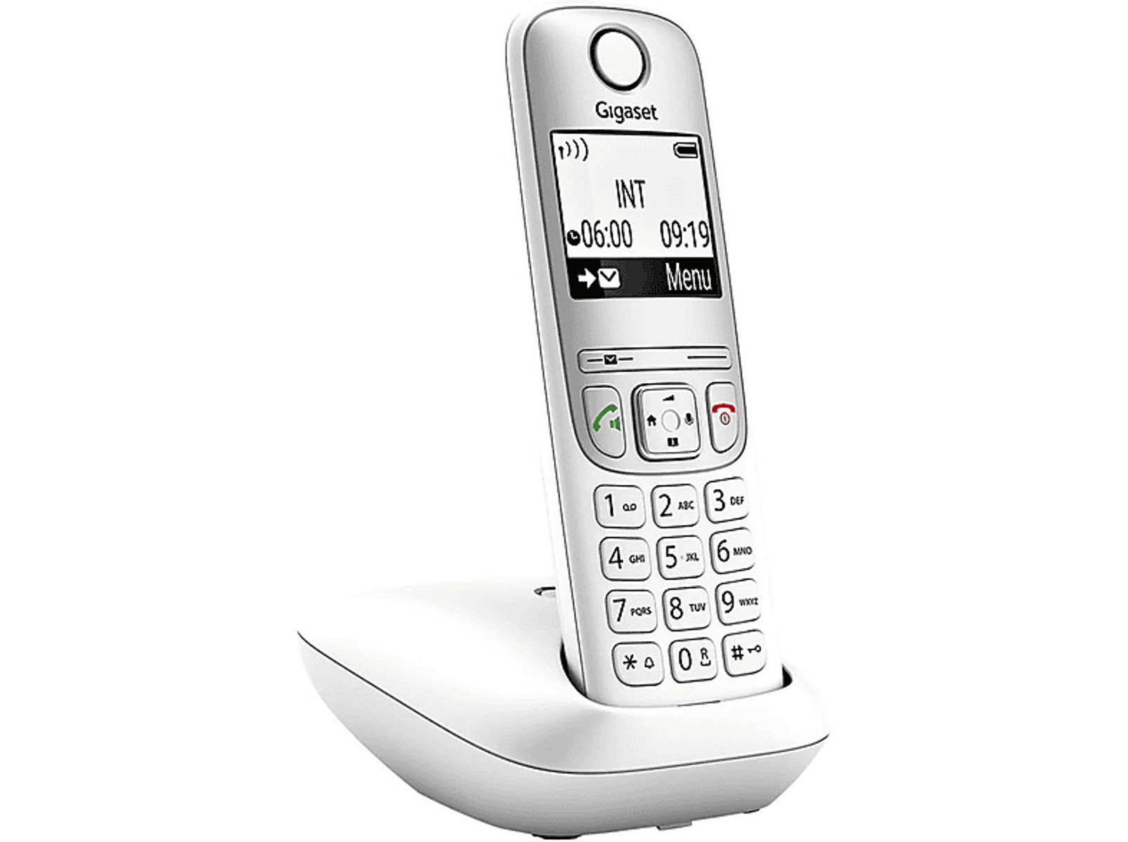Weißes schnurloses Telefon auf einer Basis. Es hat einen Bildschirm, der die Zeit und Menüoptionen anzeigt.