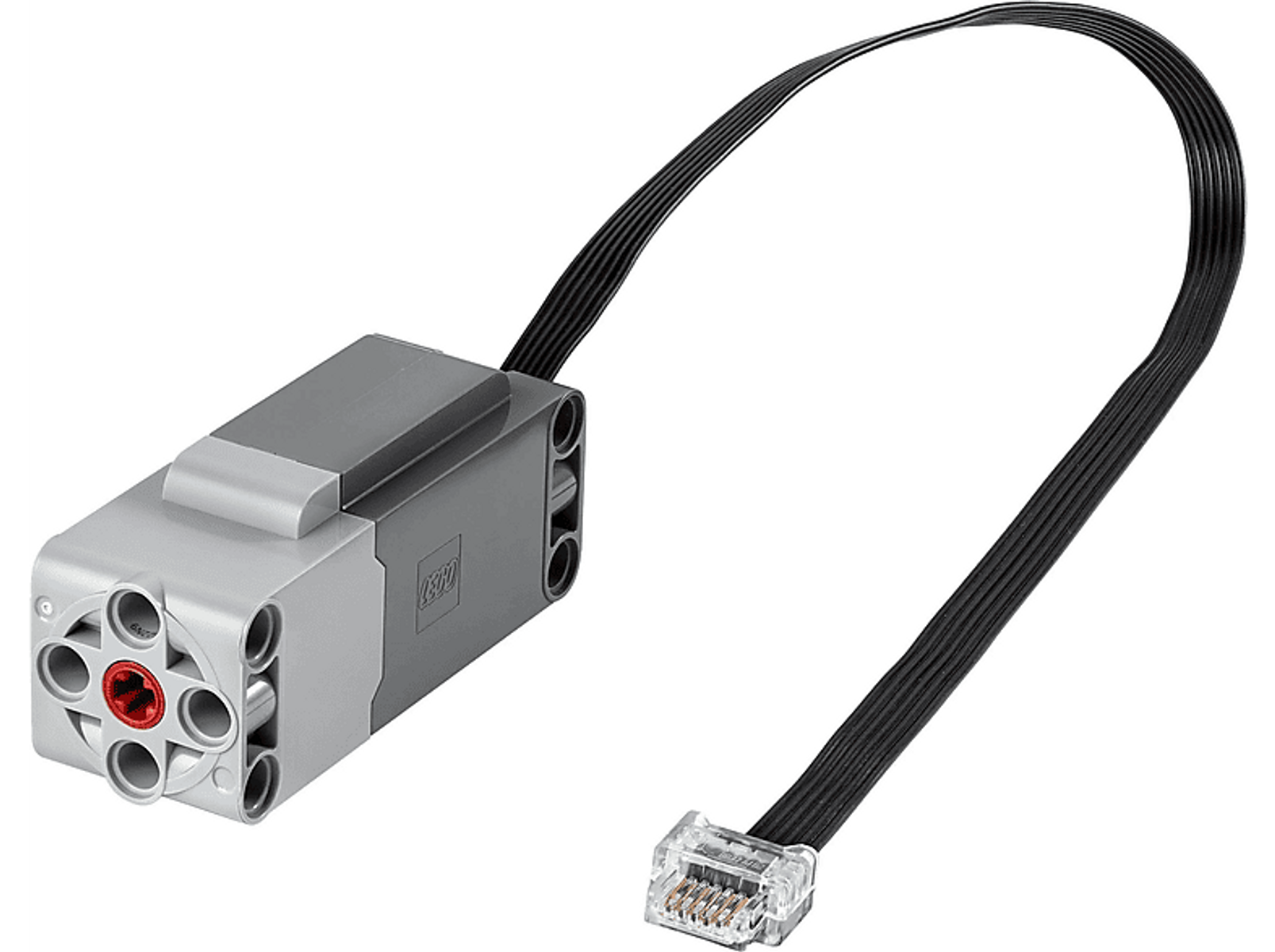 Motore LEGO con cavo e connettore neri. Sono presenti i colori grigio e rosso.