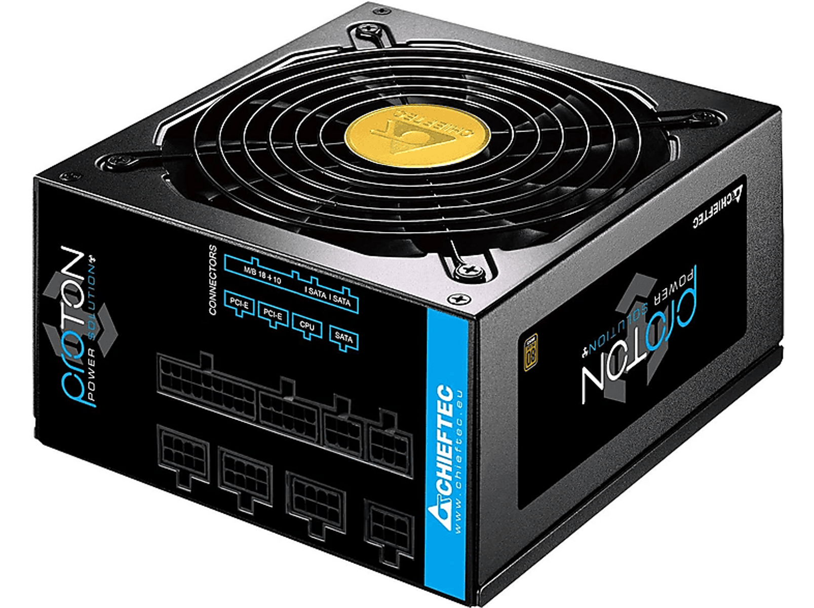 Zwarte voedingseenheid met een ventilatorrooster en meerdere connectoren.