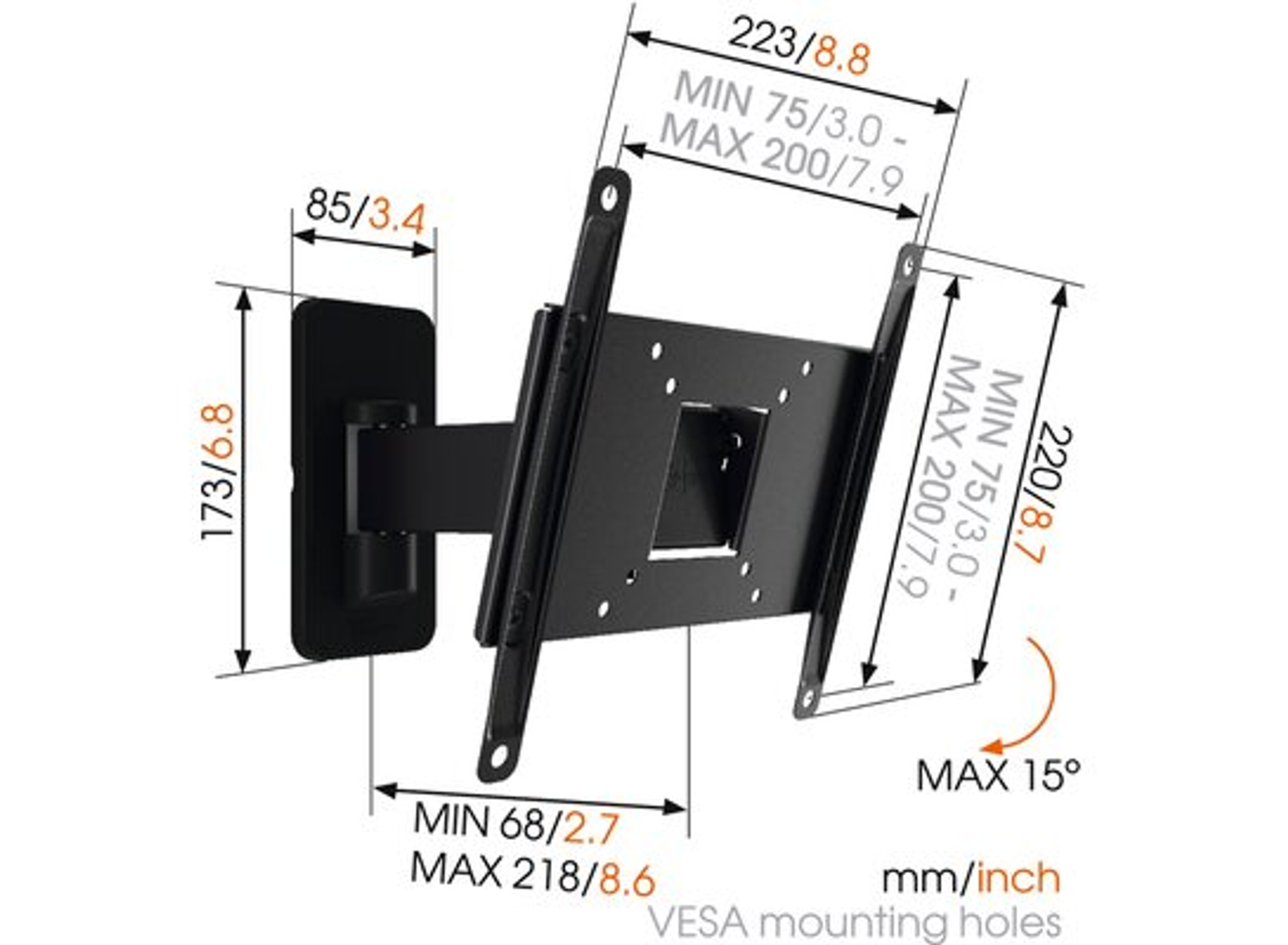 Schwarze TV-Wandhalterung mit Maßangaben in mm und Zoll. Zeigt einen verstellbaren Arm und VESA-Löcher.