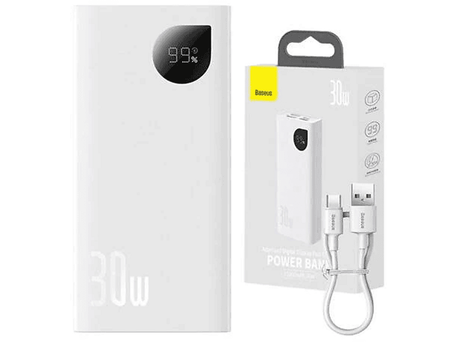 Biały power bank z wyświetlaczem 99% i pudełkiem z napisem 30W.