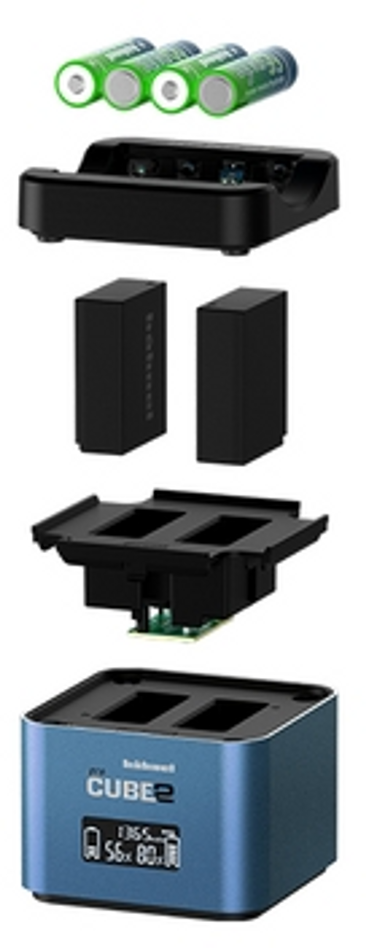 Batterieladegerät und Batterien, mit Batterien und zwei Akkupacks. Blau und schwarz.